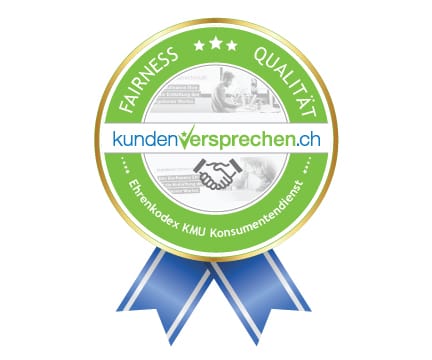 Originale Kundenversprechen-Plakette: Fairness und Qualität.